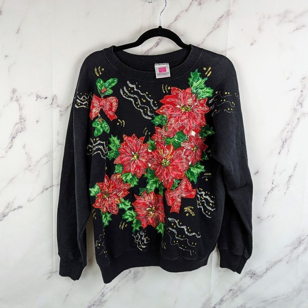 Vintage Poinsettia Christmas Ugly Sweater Black Glitter Homemade Size Large
